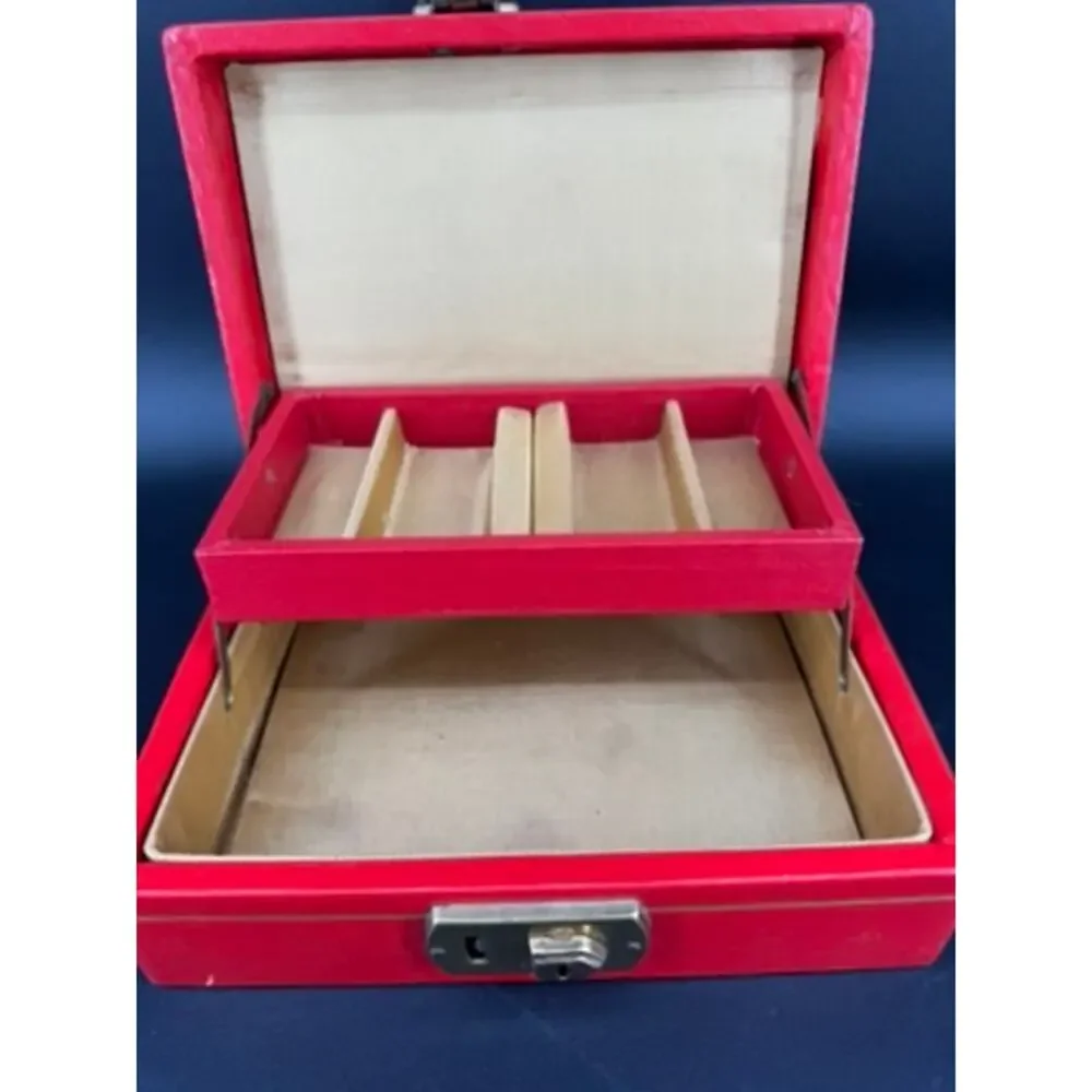 Vintage Red Leatherette Cantilever Tray Jewelry Box Vanity Organizer MCM